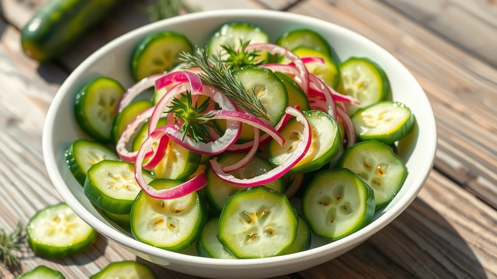 Refreshing Cucumber Salad with Tangy Dressing A bright and colorful cucumber salad with cucumbers, red onion, and dill in a white bowl on a rustic table.